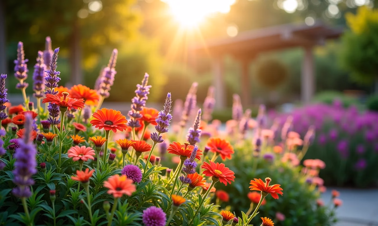 Jardim vibrante com flores resistentes ao sol e vento.