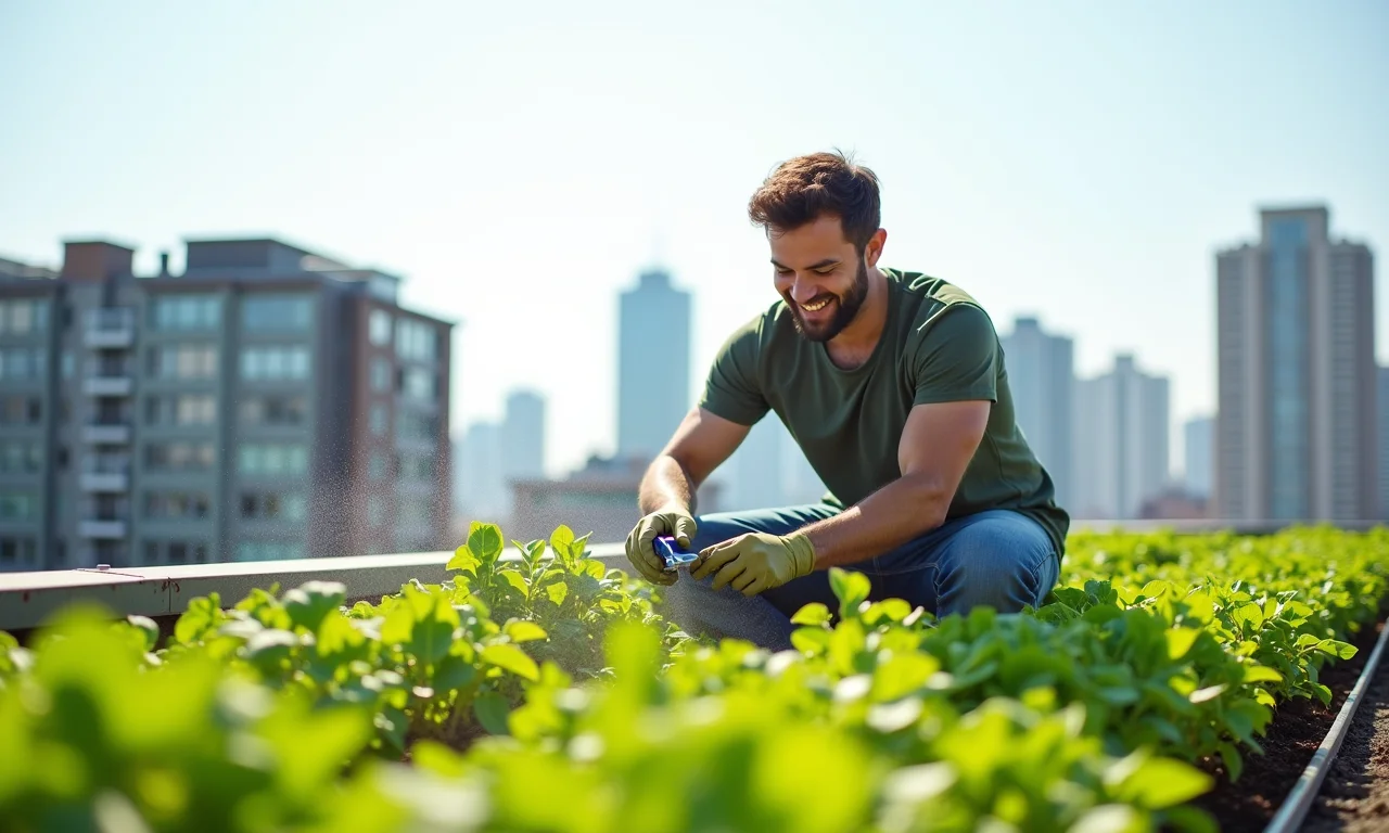 Jardineiro fazendo a manutenção de um telhado verde.