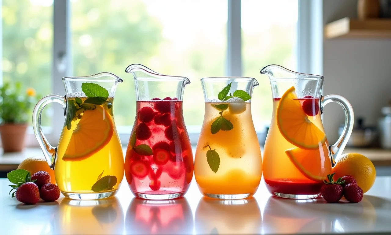 Jarras de vidro com água aromatizada com frutas.