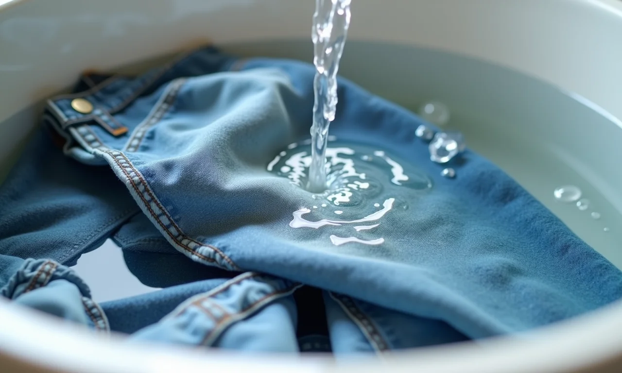 Jeans sendo lavado com vinagre branco para fixar a cor.