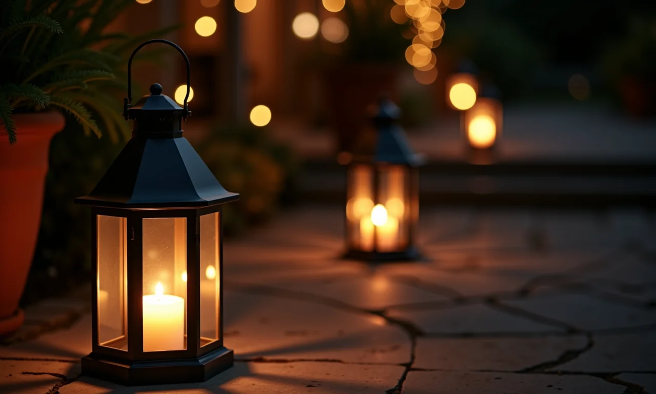 Lampiões clássicos iluminando um pátio com atmosfera romântica.