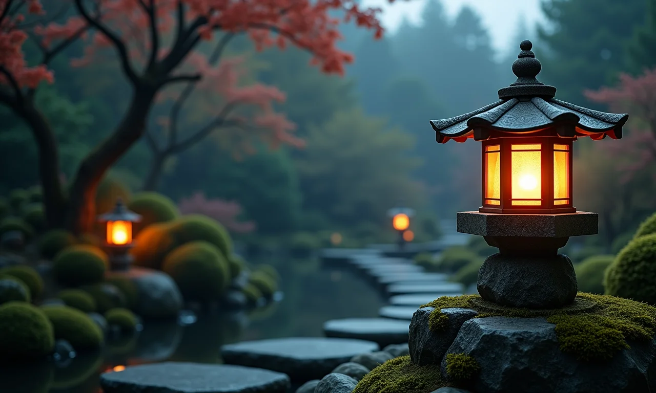 Lanterna de pedra Tōrō iluminando um jardim japonês ao entardecer.
