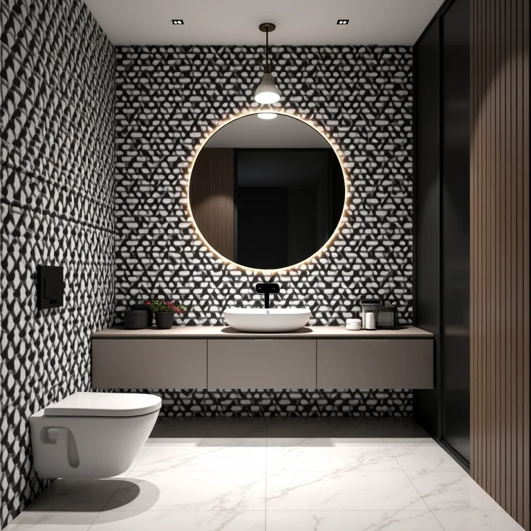 Lavabo moderno com papel de parede geométrico