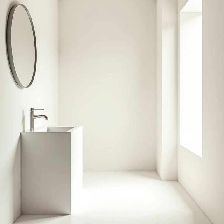 Lavabo pequeno com paredes brancas e iluminação bem planejada