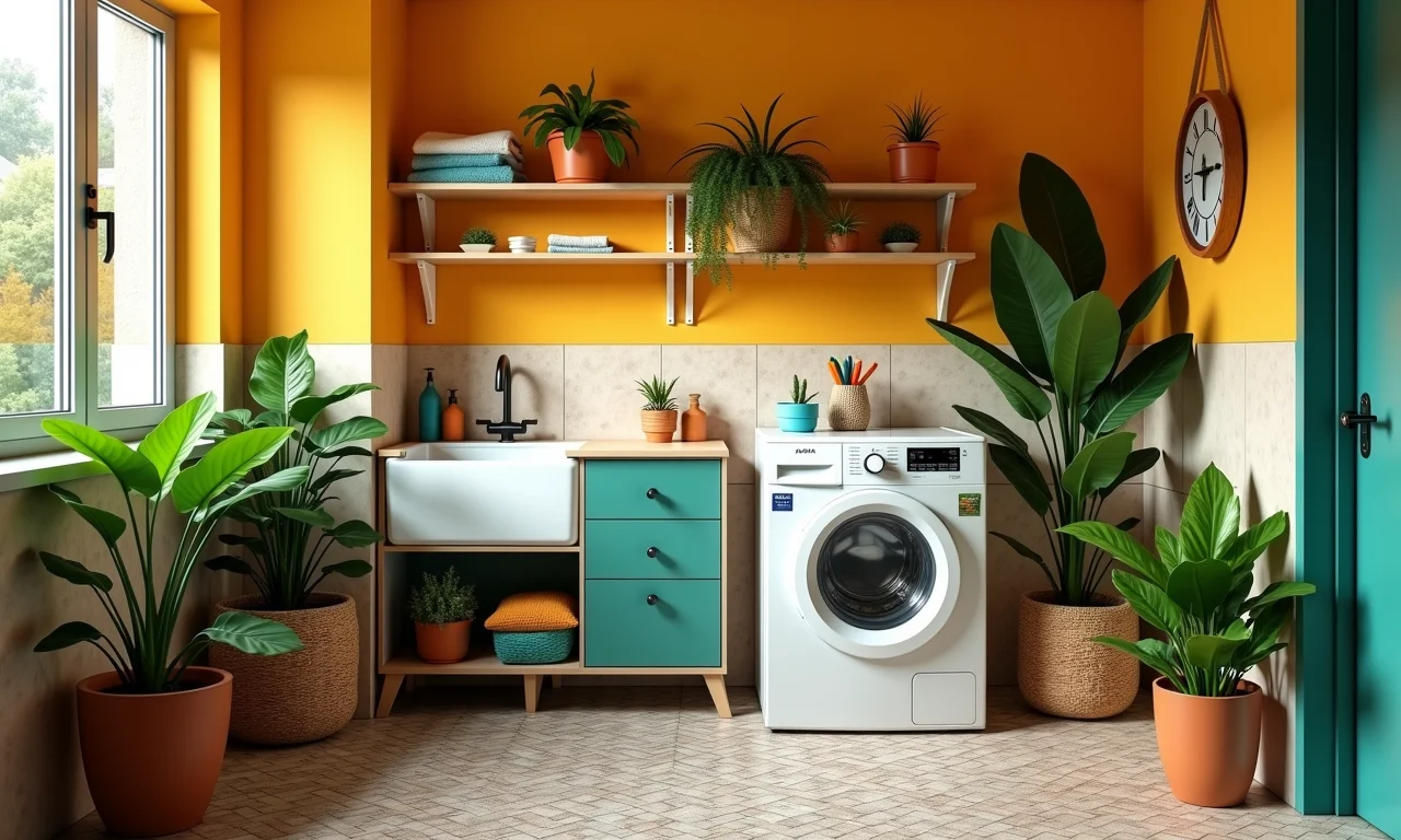 Lavanderia com decoração brasileira vibrante e colorida.