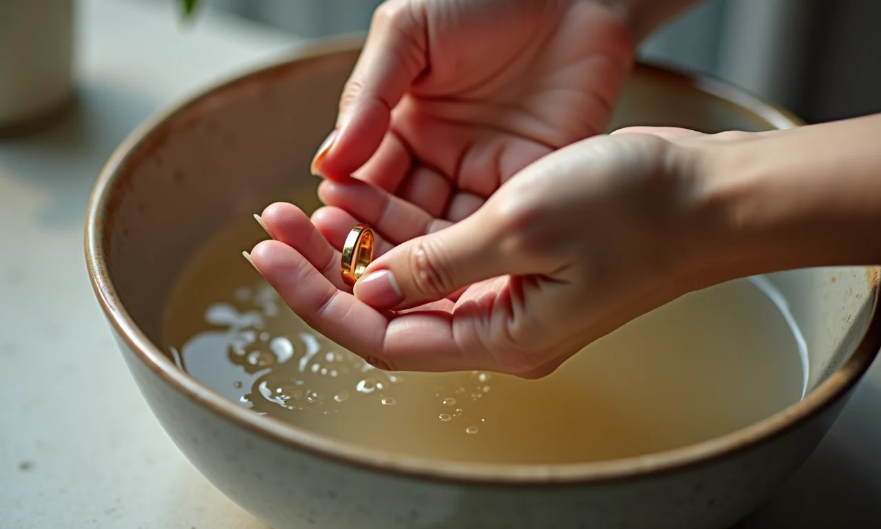 Lavando anel de ouro em água morna.