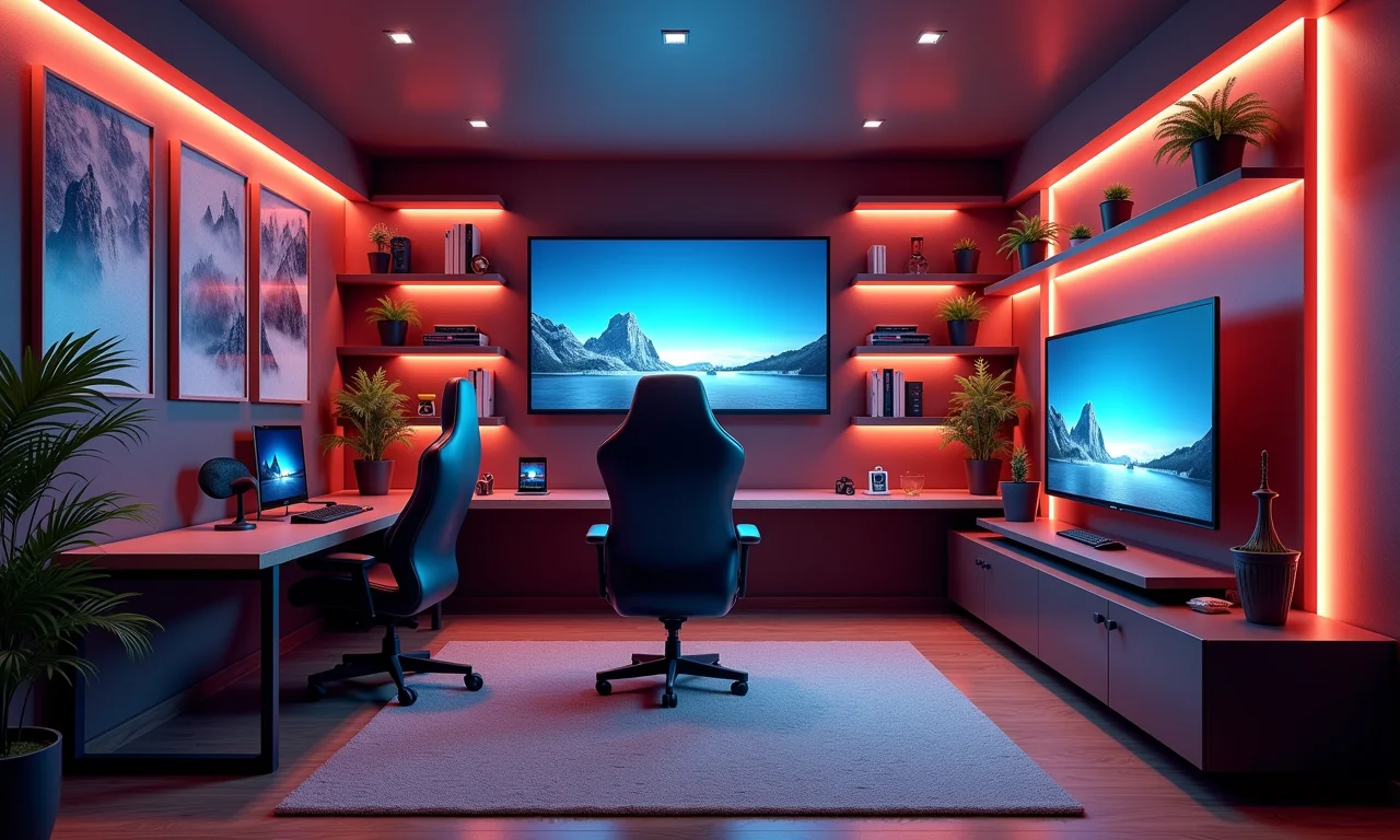 Layout otimizado da sala de jogos aproveitando cada canto do espaço.