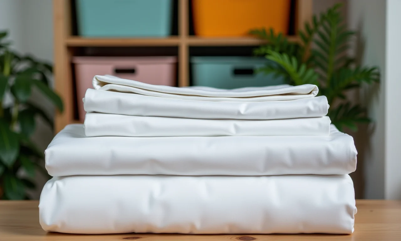 Lençóis dobrados e organizados em armário.