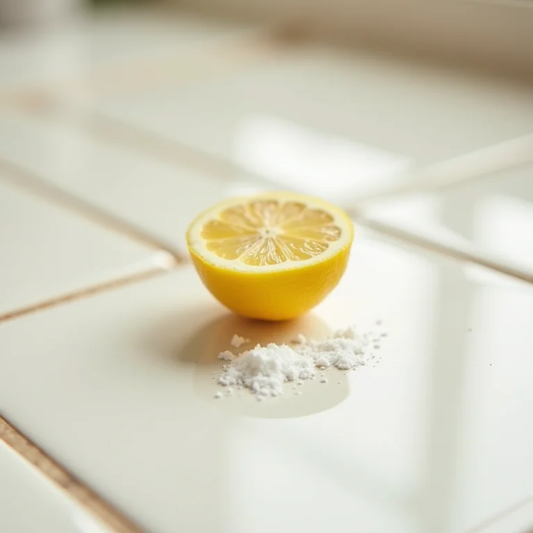 Limão e bicarbonato sendo usados para remover uma pequena mancha de tinta em uma cerâmica de cozinha.