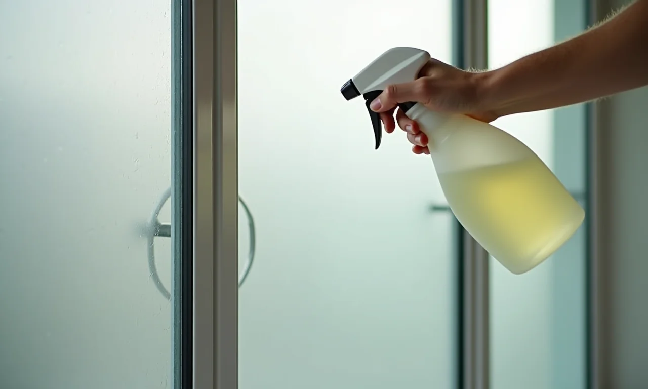 Limpa vidros com ação anti-mofo sendo aplicado no box sanfonado.