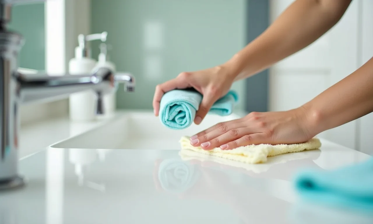 Limpando a bancada do closet com produtos adequados e panos.