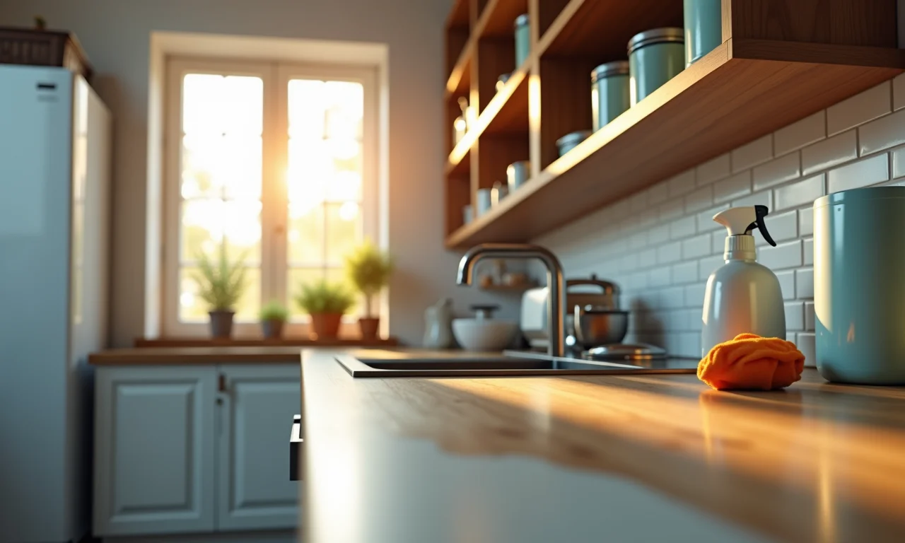 Limpando o armário da cozinha.