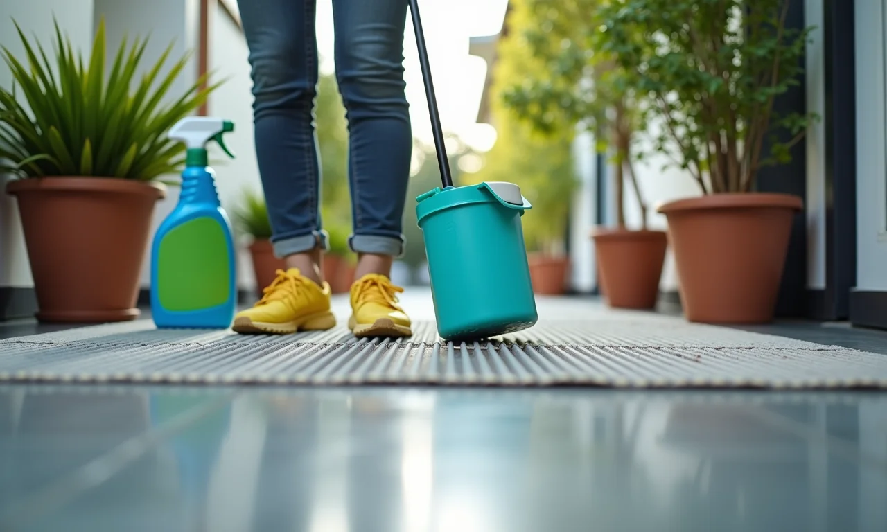 Limpando o piso da rampa de acessibilidade.