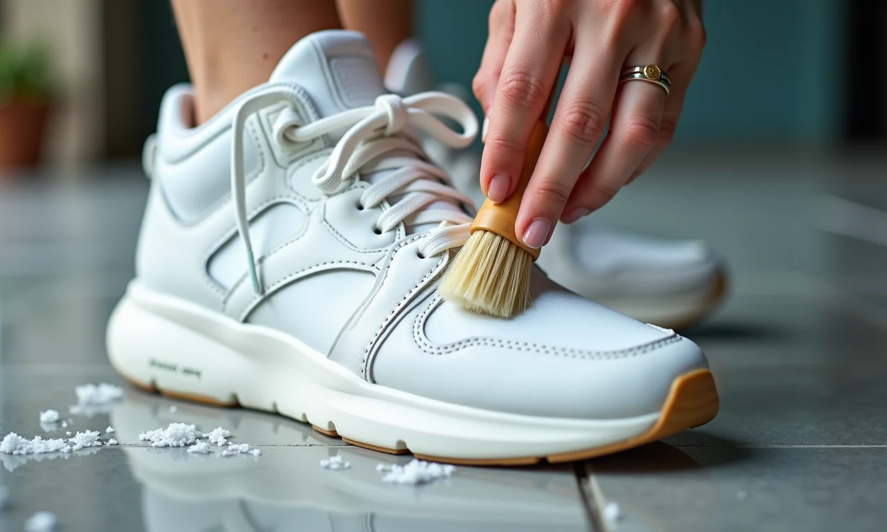 Limpando os detalhes do tênis branco.