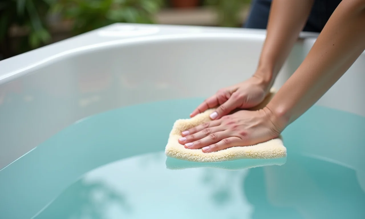 Limpeza delicada de uma banheira de acrílico com pano macio para evitar arranhões.