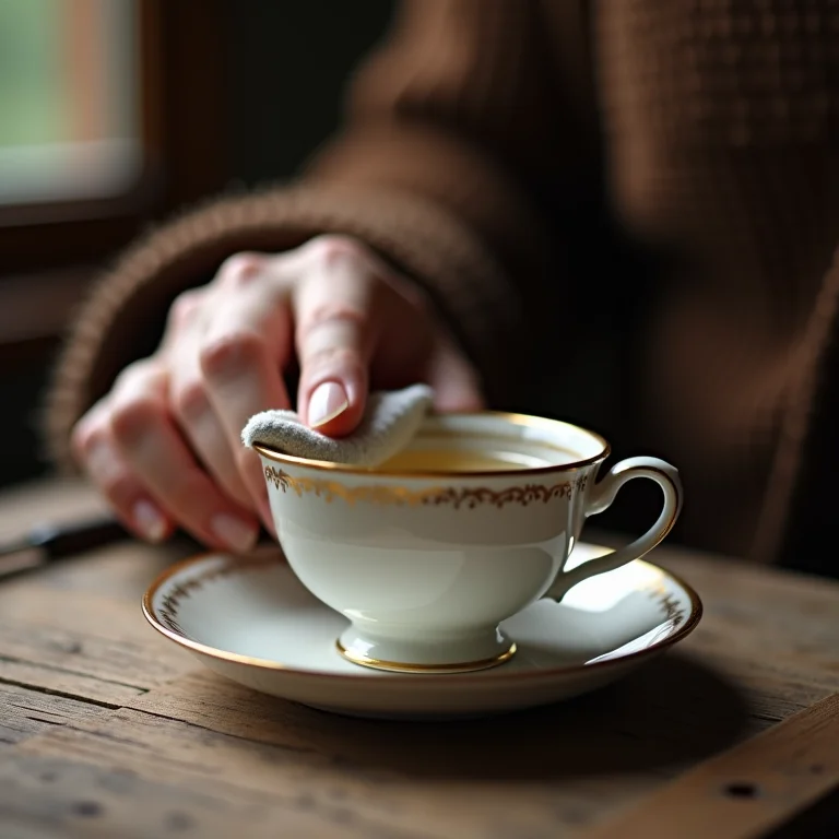 Limpeza delicada de uma xícara de chá antiga com um pano macio.