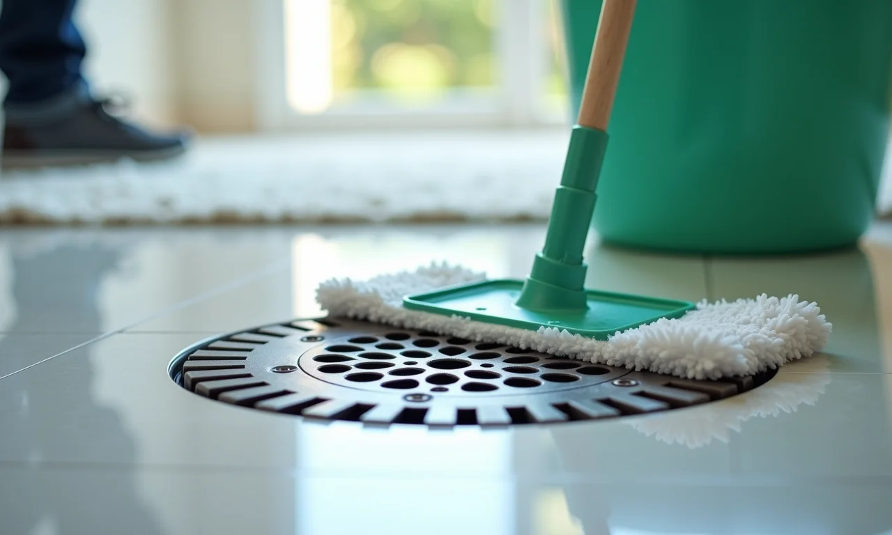 Limpeza fácil de piso com dreno com um balde e esfregão.