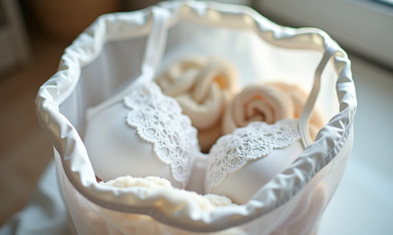 Lingerie branca delicada dentro de um saquinho de lavagem.
