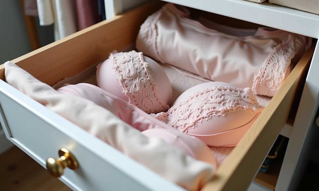 Lingerie de seda e renda organizada em gavetas.