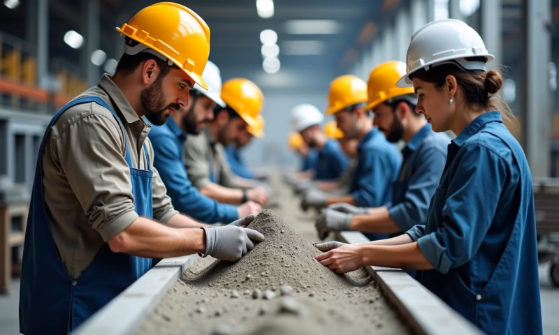 Linha de produção de cimento com trabalhadores diversos, foco no controle de qualidade.