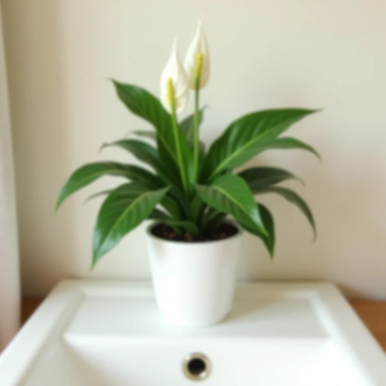 Lírio da Paz em banheiro boho chic.