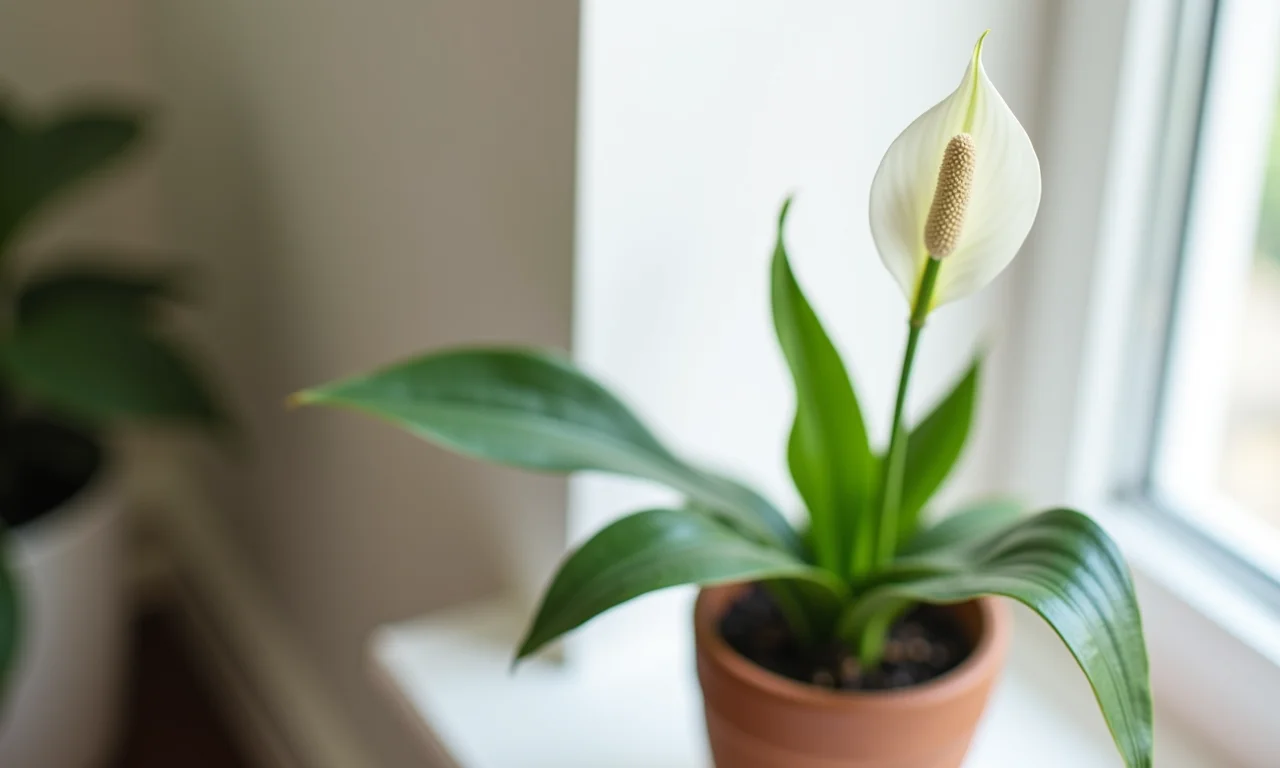Lírio da paz em um vaso de cerâmica moderno, com a flor branca em foco.
