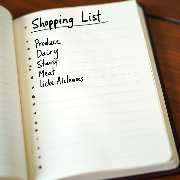 Lista de compras organizada por categorias em um caderno.