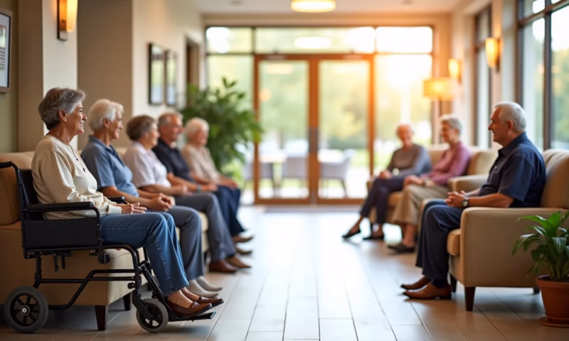 Lobby de asilo com piso antiderrapante e idosos diversos.