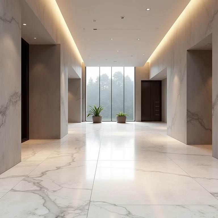 Lobby de escritório moderno com estética contemporânea de cimento polimérico