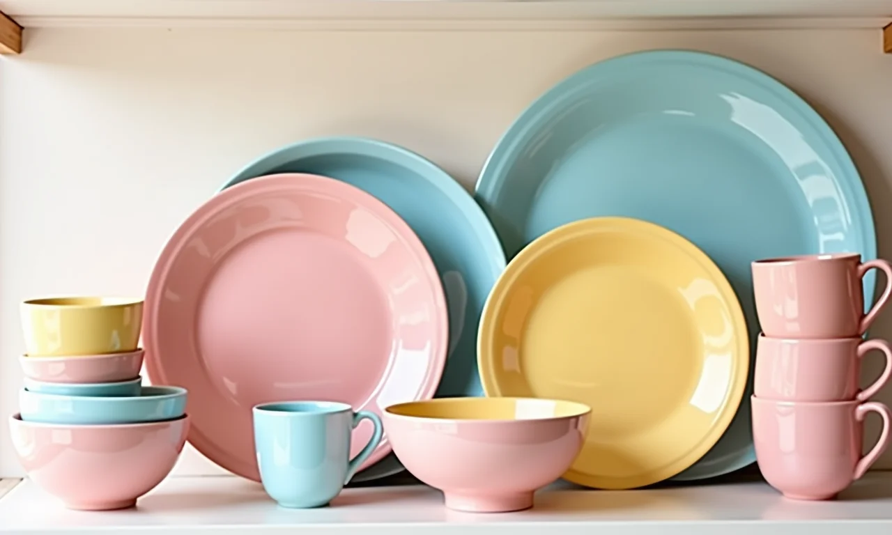 Louças e cerâmicas em candy colors expostas em uma prateleira.