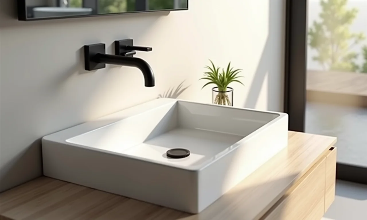 Louças e metais com design clean em banheiro social.