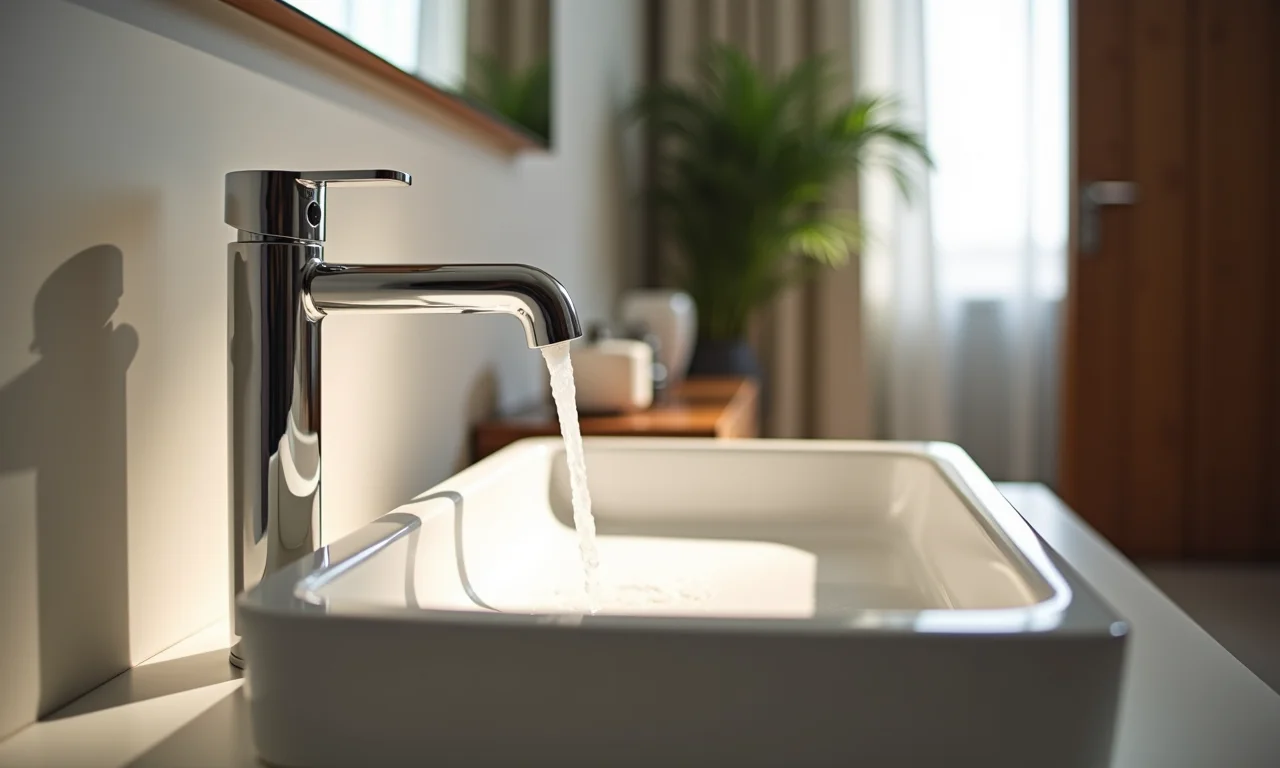 Louças e metais modernos em banheiro pequeno.