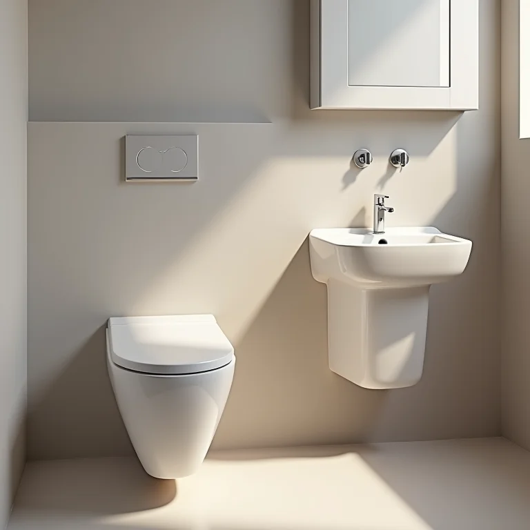 Louças e metais suspensos em banheiro pequeno