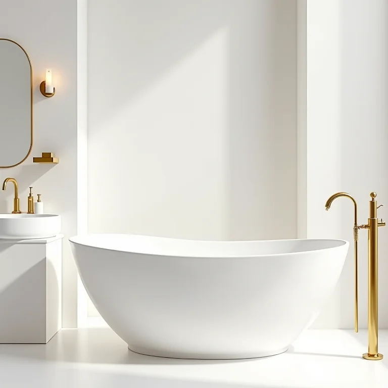 Louças e mobiliário branco e dourado para banheiro