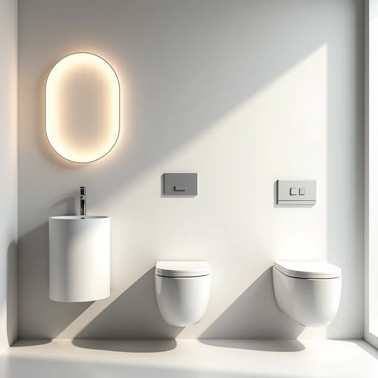 Louças suspensas em um banheiro social com design minimalista