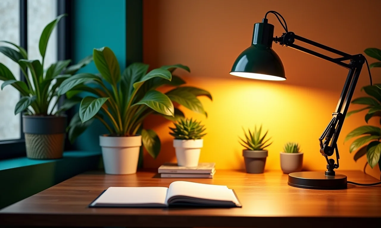 Luminária de clip complementando a decoração de um escritório em casa.