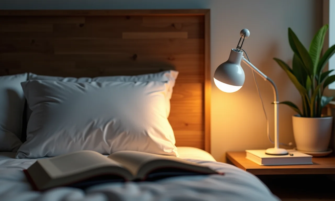 Luminária de clip flexível presa à cabeceira da cama para leitura.