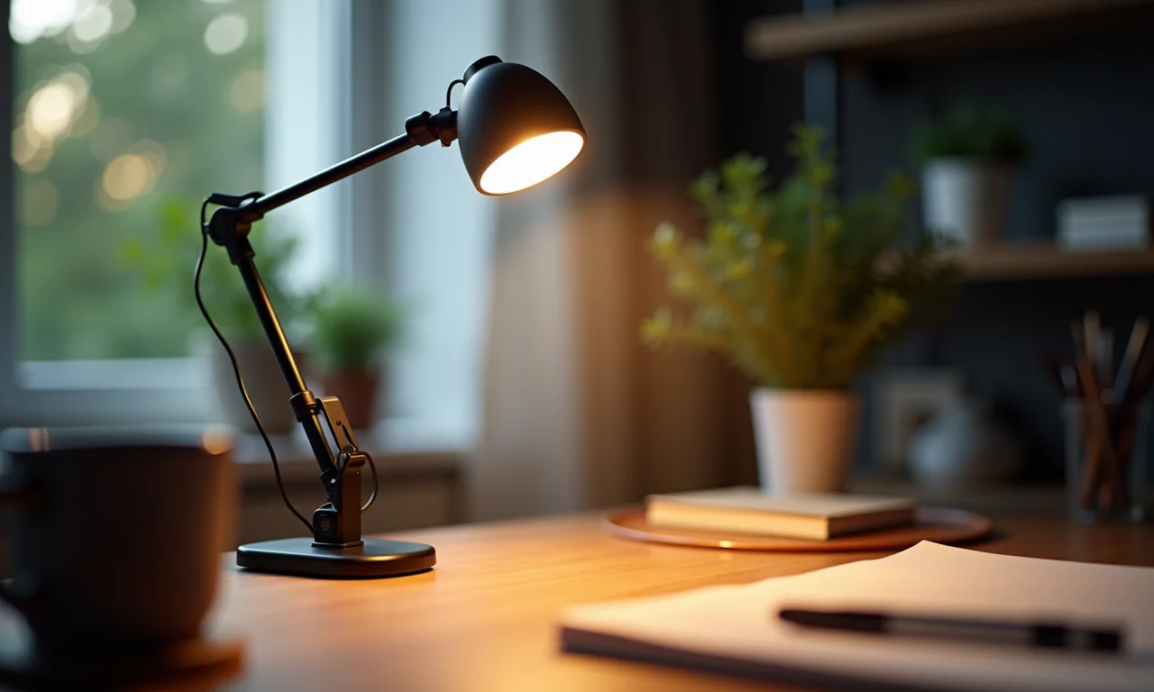 Luminária de clip iluminando um espaço de trabalho com ótimo custo-benefício.