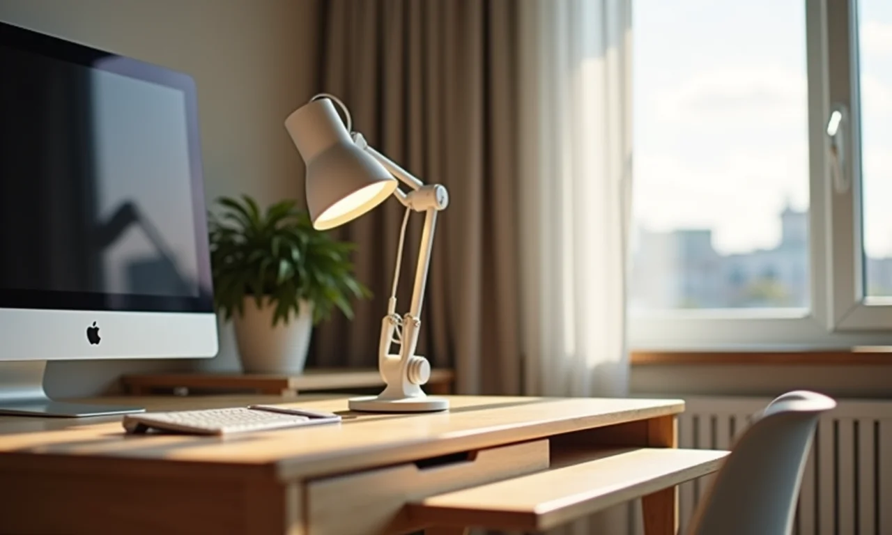 Luminária de clip otimizando espaço em um apartamento pequeno.