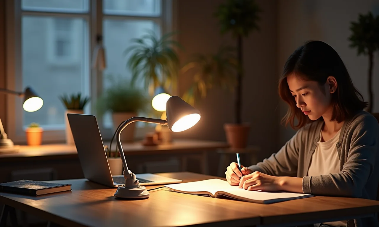 Luminária de clip sendo usada em diferentes situações: leitura, artesanato e trabalho.