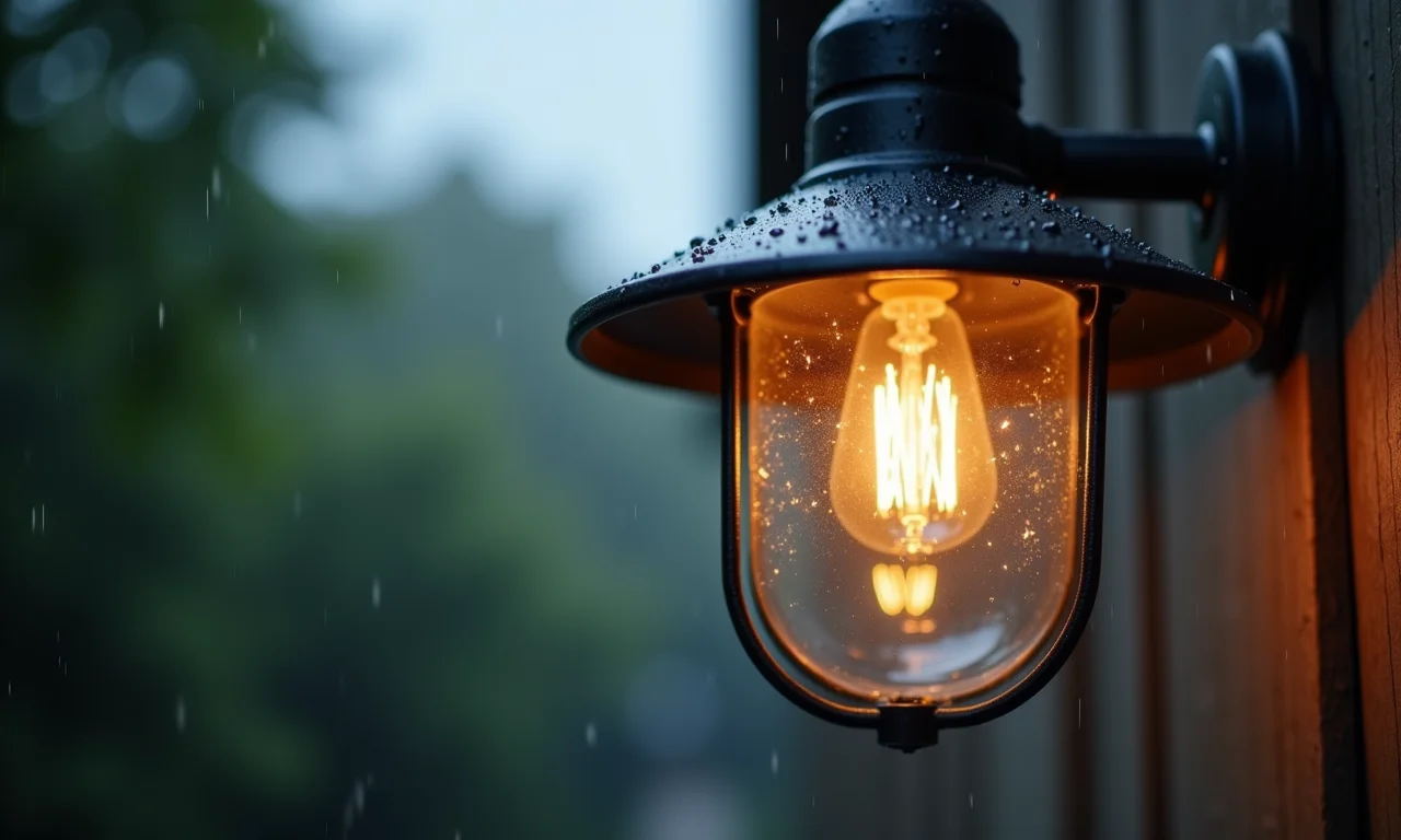 Luminária de jardim à prova d'água durante uma chuva.