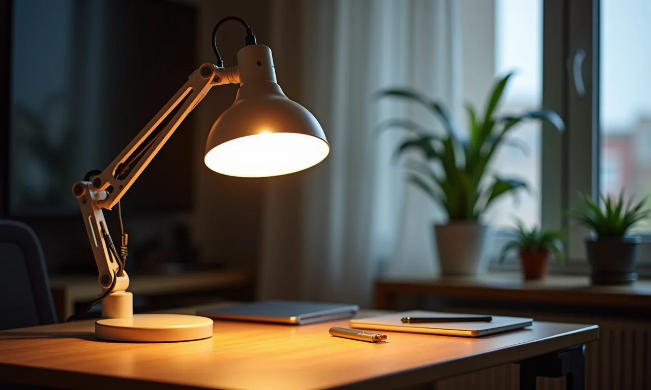 Luminária de mesa com luz direcionável.