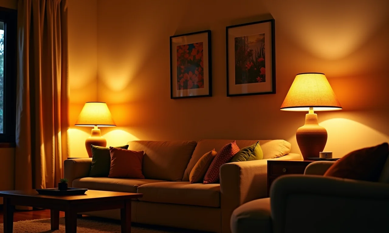 Luminárias criativas iluminando uma sala de estar com luz aconchegante.