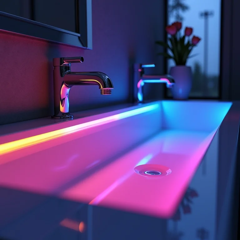 Luminárias de banheiro modernas com iluminação LED multicolorida.