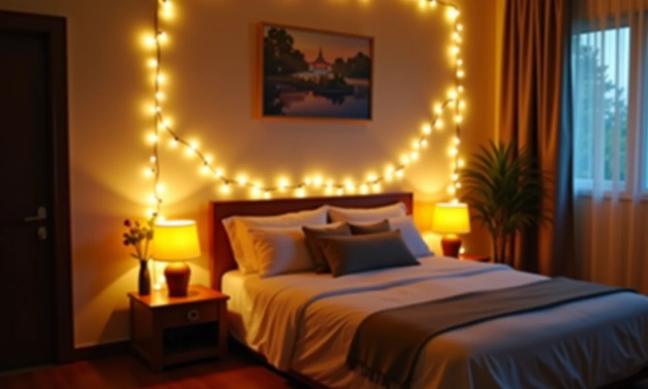 Luminárias de luzes de fada DIY em um quarto.