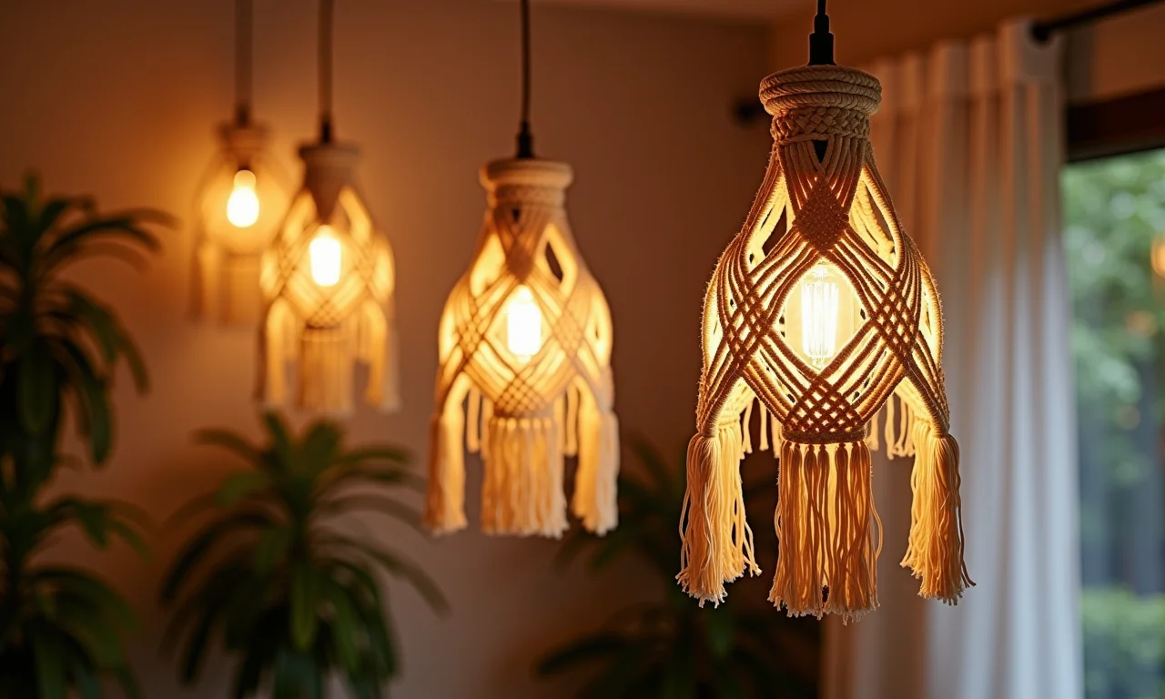 Luminárias de macramê da Westwing penduradas em quarto boho