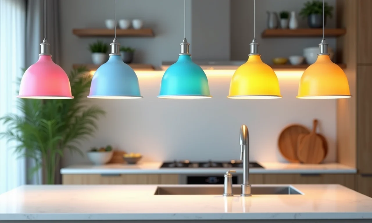 Luminárias pendentes em candy colors sobre a ilha da cozinha.