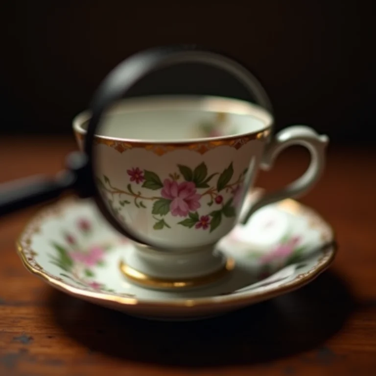 Lupa examinando a marca de uma xícara de chá antiga.