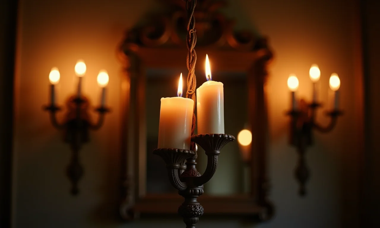 Lustres de velas e arandelas criando uma atmosfera acolhedora em um ambiente temático de Game of Thrones.