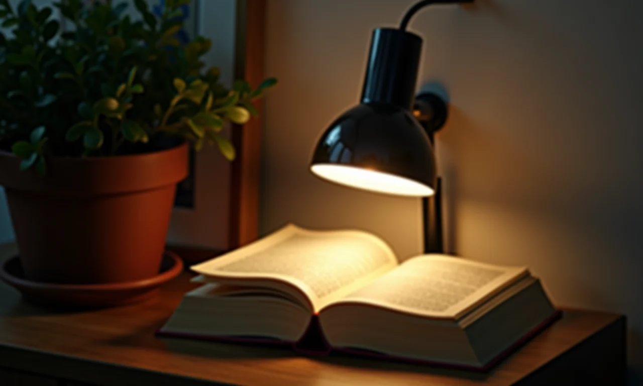 Luz suave de uma luminária de clip reduzindo o cansaço visual durante a leitura.